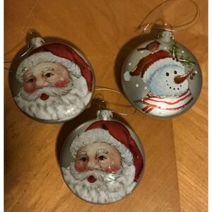Lot of 3 Blown Glass Glittered Santa Claus‎ and Snowman Disc Christmas Ornament